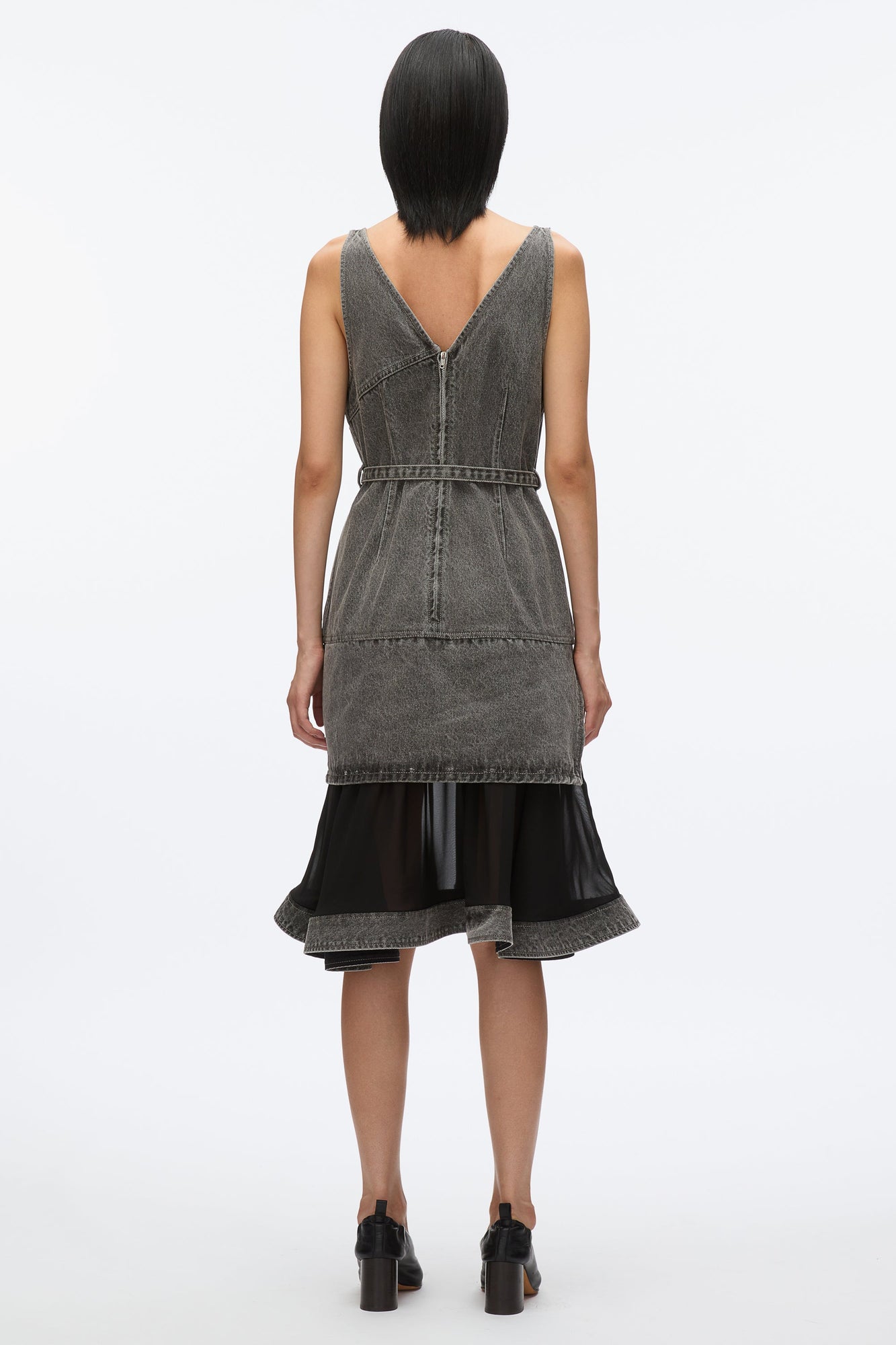 Denim V-Neck Dress with Chiffon Hem | Washed Grey