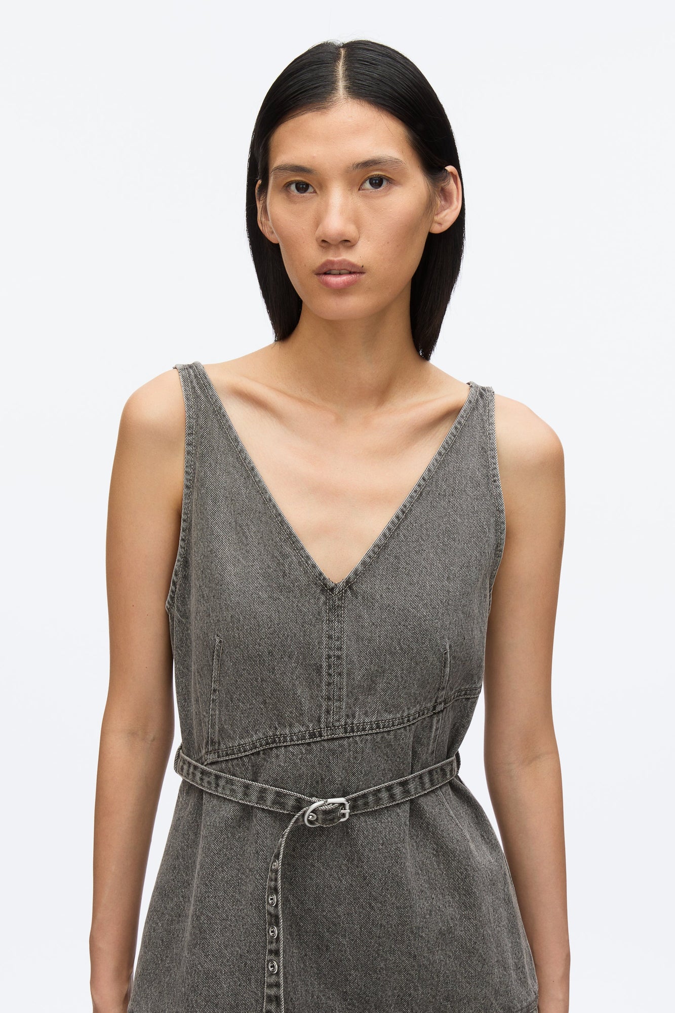 Denim V-Neck Dress with Chiffon Hem | Washed Grey