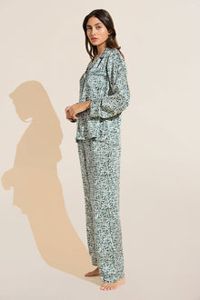 Model wears Inez Washable Silk Printed Long PJ Set in Tropical Tile Agave/Agave.