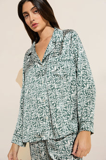 Model wears Inez Washable Silk Printed Long PJ Set in Tropical Tile Agave/Agave.