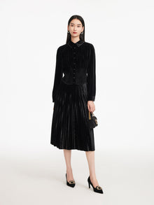 Velvet Pleated Midi Skirt | Black