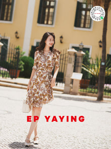 V-Neck Floral Print Puff-Sleeve Silk Dress | Yellow
