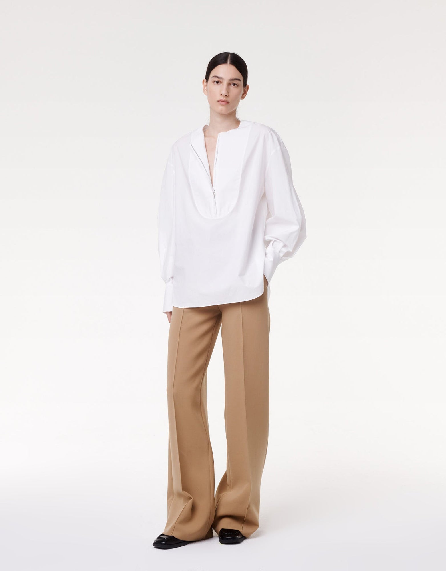 Another Tomorrow Exaggerated Bib Blouse in White – Cotton Women's Top