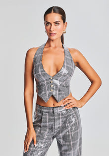 Haddy Sequin Vest | Grey Plaid