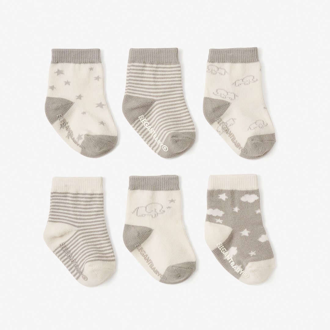 Unisex | Elephant Non Slip Baby Socks 6pk | Gray