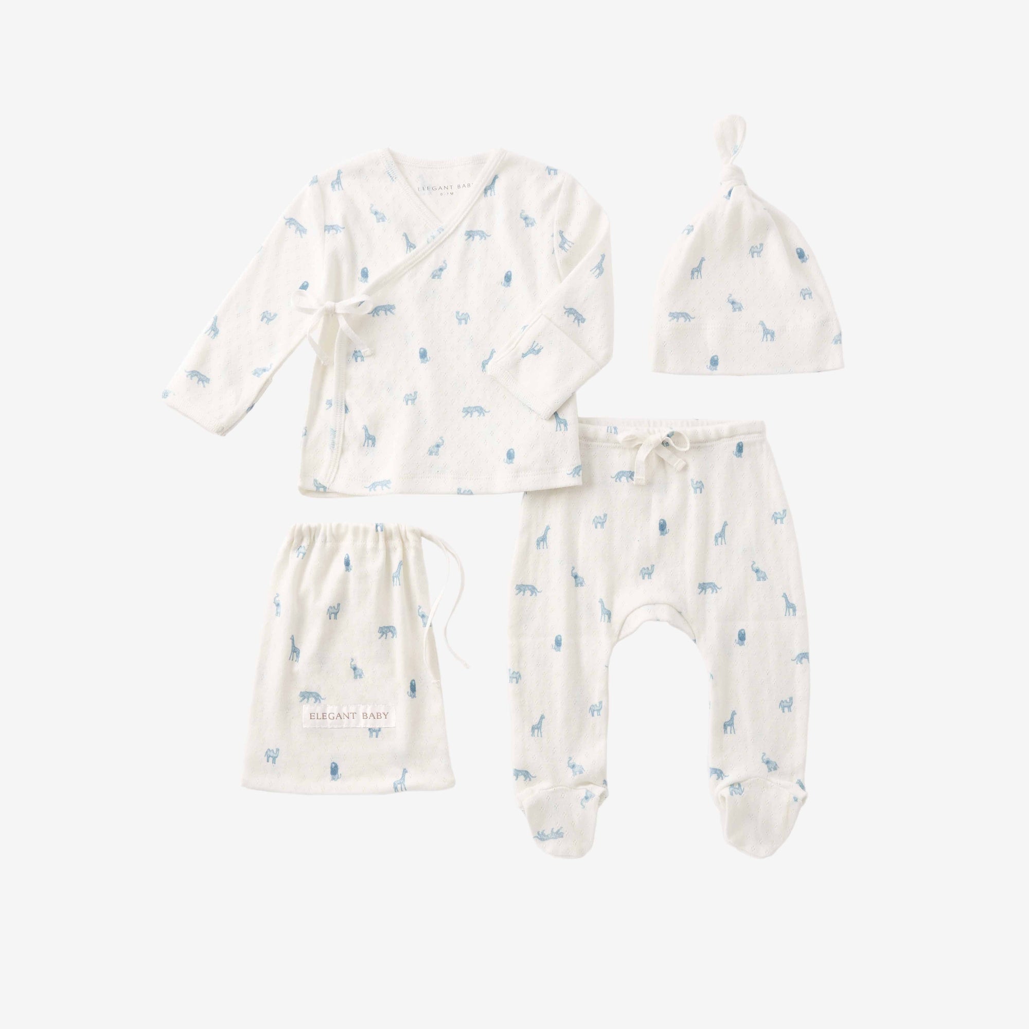 Boys | Blue Safari Print Organic Cotton Pointelle Layette 3 Pc Gift Set | Blue
