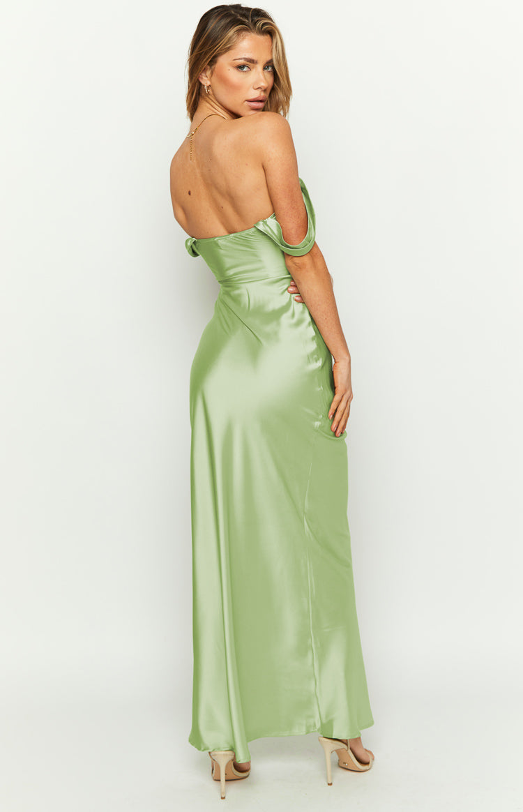Rear-side view of a sage green satin off-shoulder maxi dress showing the smooth fabric and flowing skirt