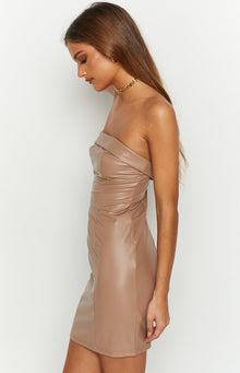 Ellie Strapless PU Mini Dress | Brown