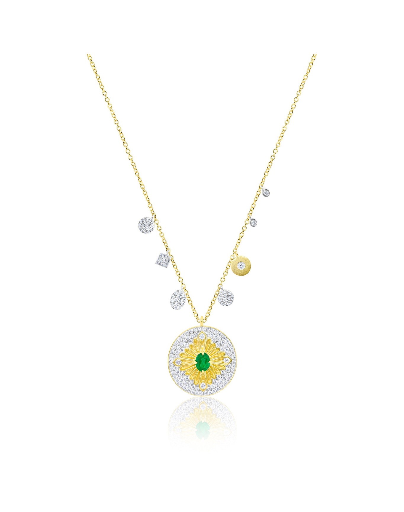 Emerald Diamond Disc Charm Necklace | 14k Yellow Gold