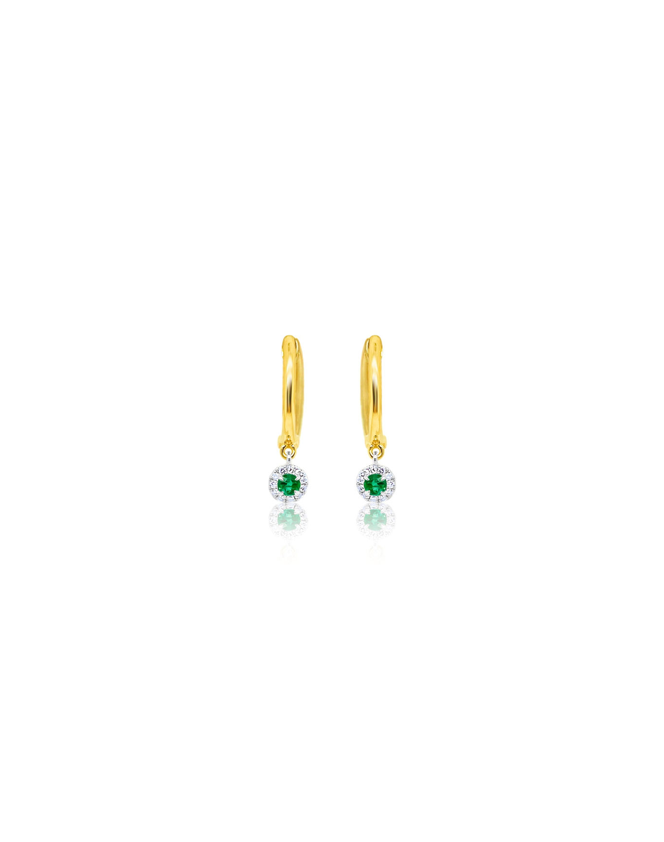 Emerald and .5 ct Diamond Halo Huggie | 14 Kt Yellow Gold