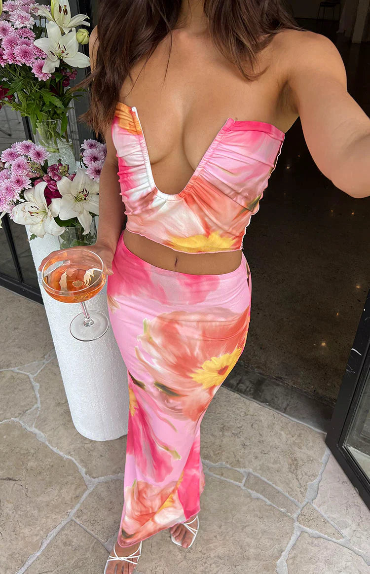 Esha Floral Strapless Crop Top | Pink