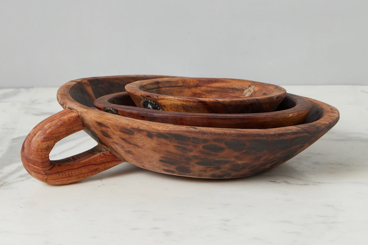 Vintage Wood Bowl with Iron Handle | Natural | Small