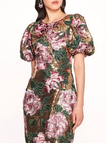 Bubble Sleeve Sequin Midi Dress | Marchesa