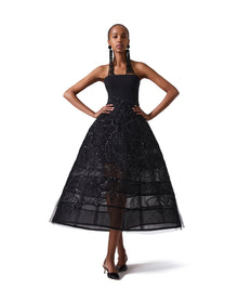 Embroidered Strapless Full Midi Dress | Black