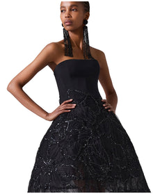 Embroidered Strapless Full Midi Dress | Black