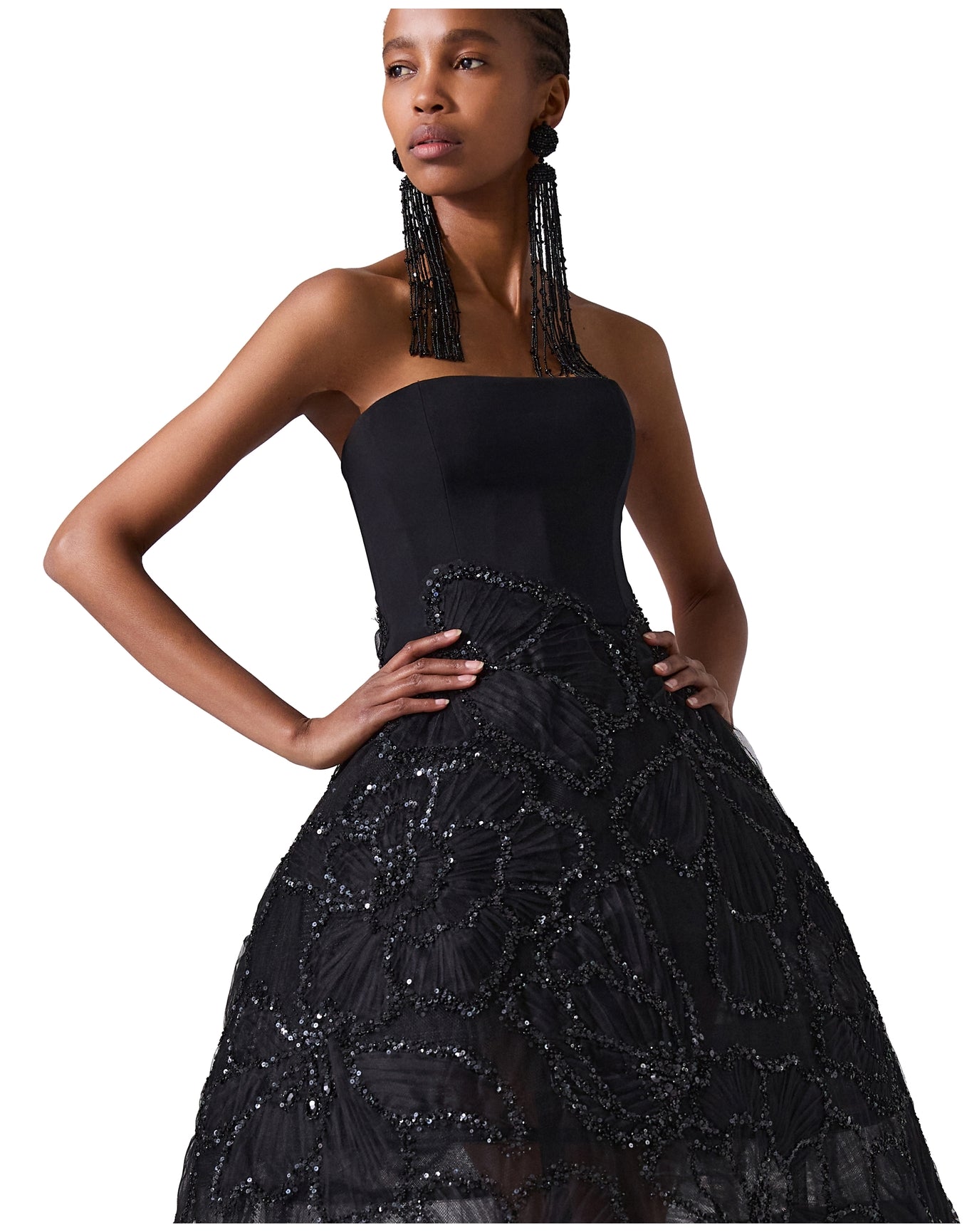 Embroidered Strapless Full Midi Dress | Black