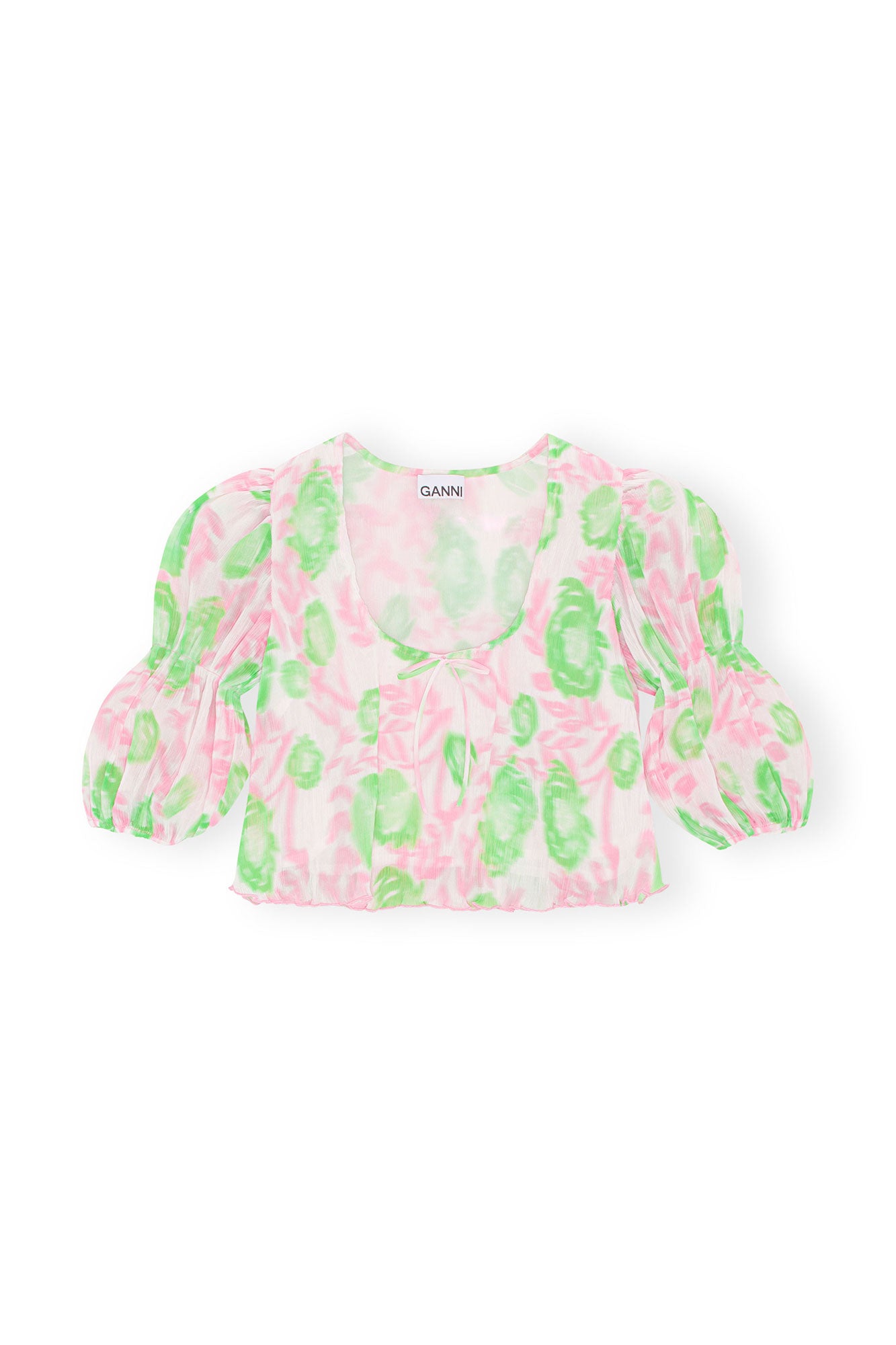 Pleated Georgette U-neck Blouse | Pink Tulle