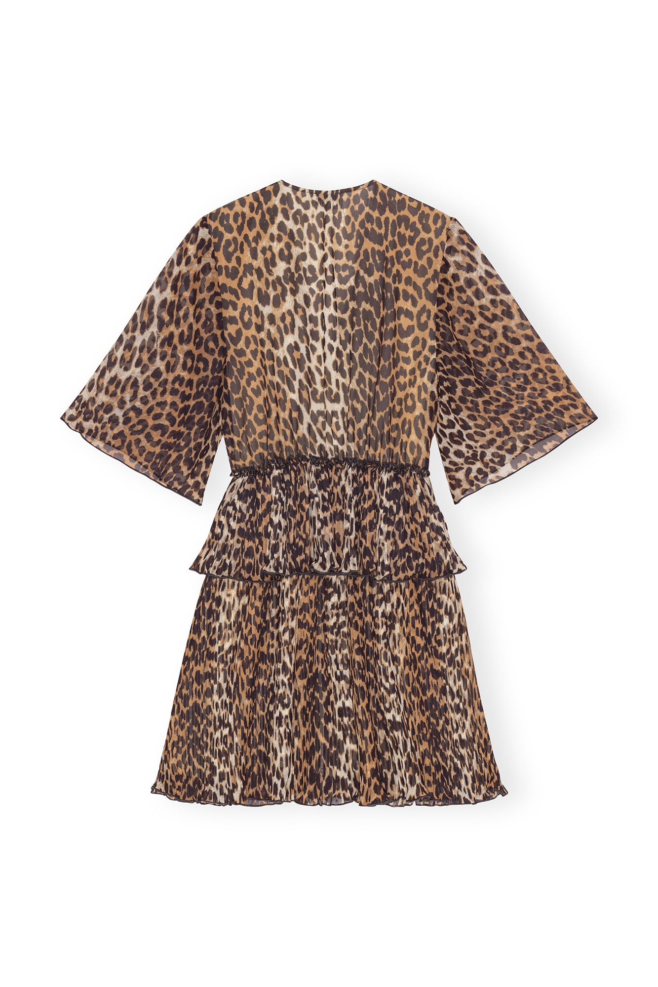 Leopard Pleated Georgette V-Neck Flounce Mini Dress | Almond Milk