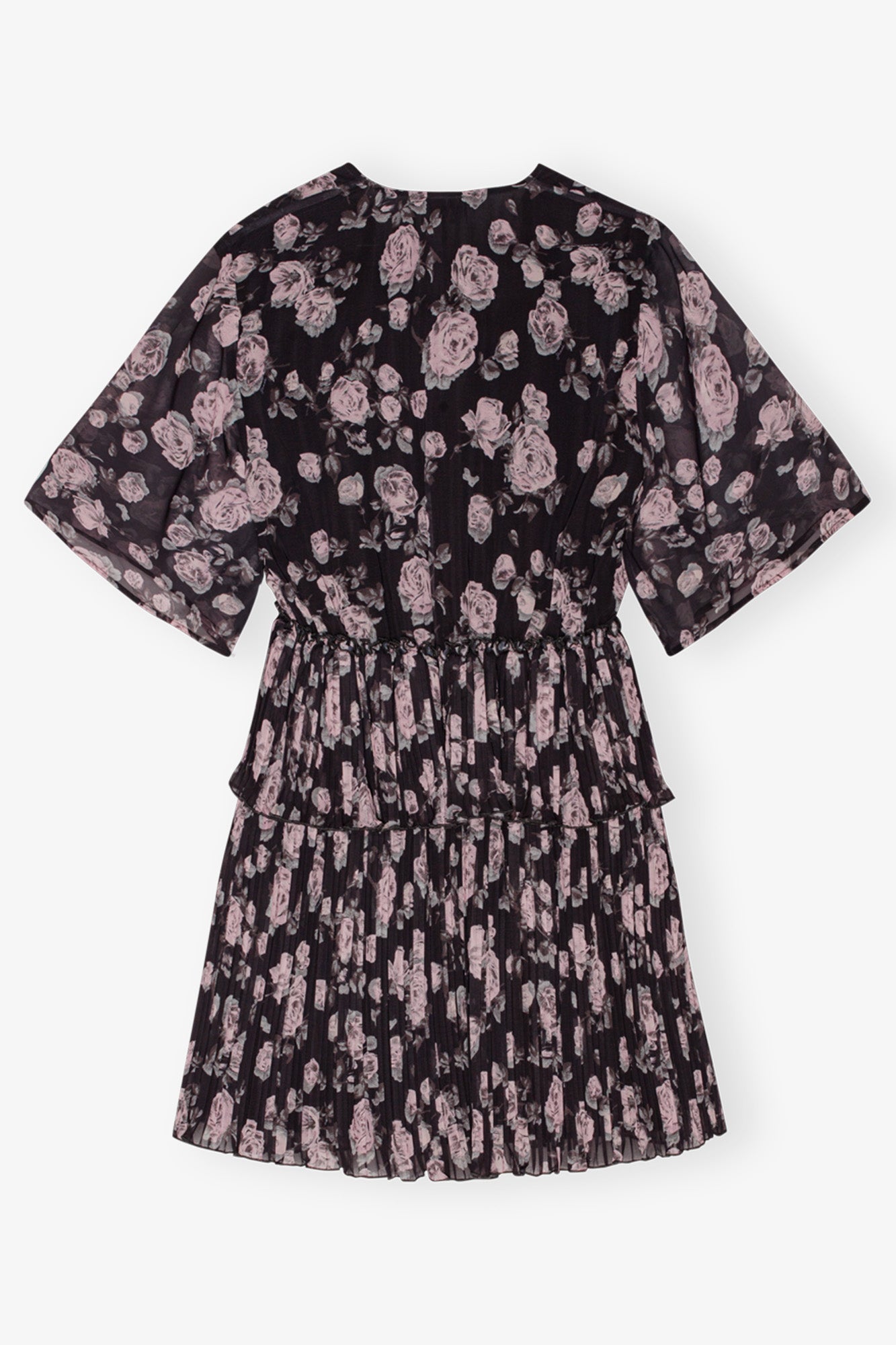 Pleated Georgette V-Neck Flounce Mini Dress | Phantom