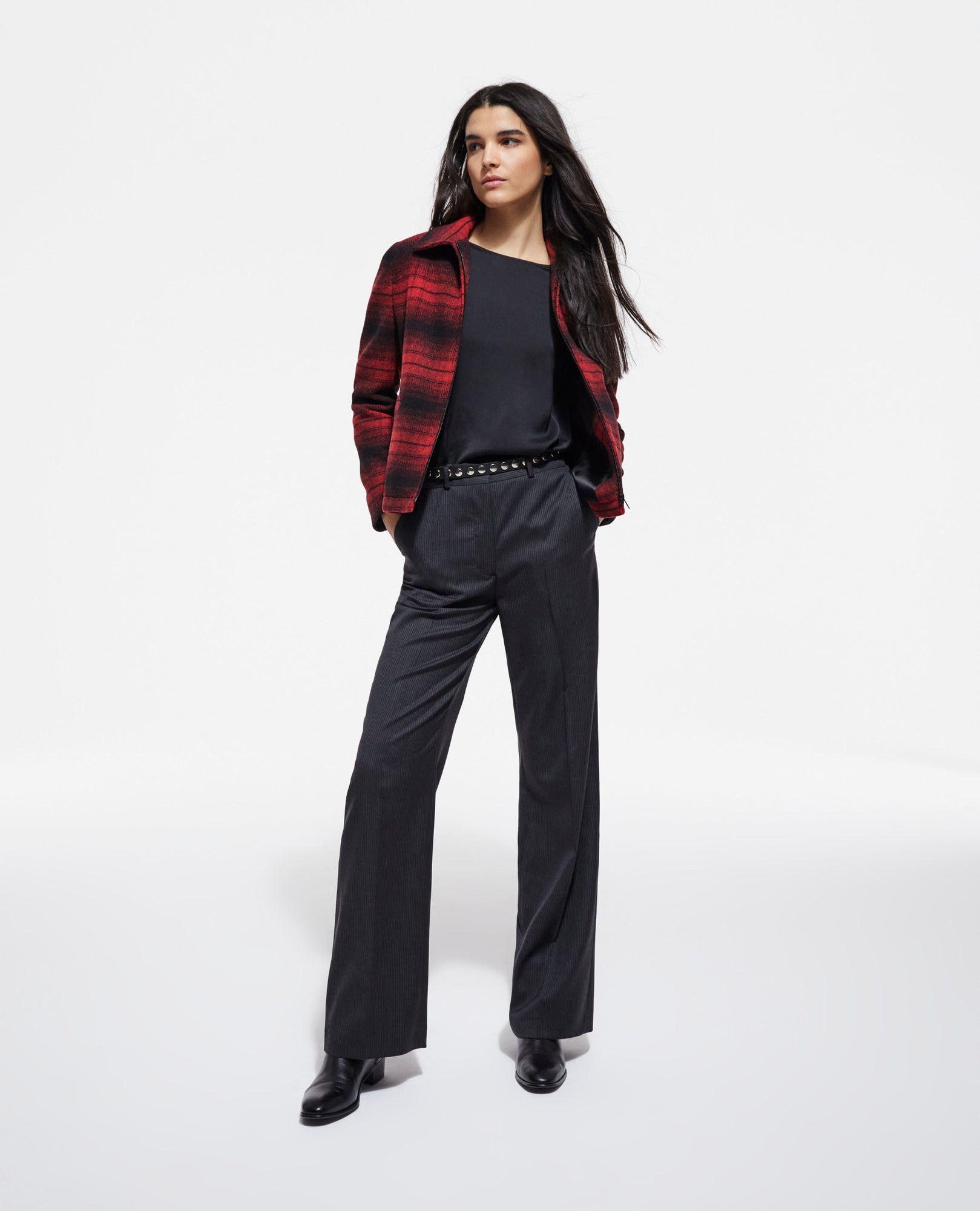 Wool Jacket With Check Motif | Women | Red x Black