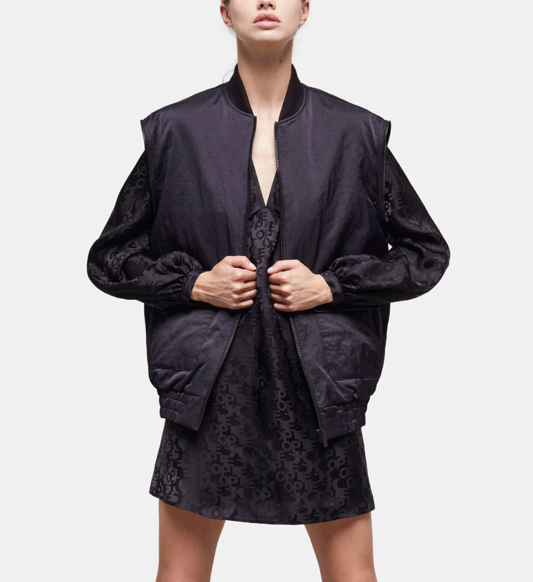 Satin Bomber Jacket With Detachable Sleeves | Women | Black