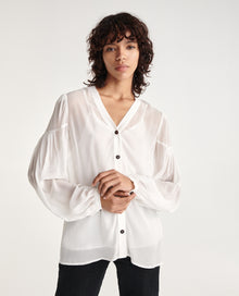 Loose V-Neck Buttoned Shirt | Women | Ecru