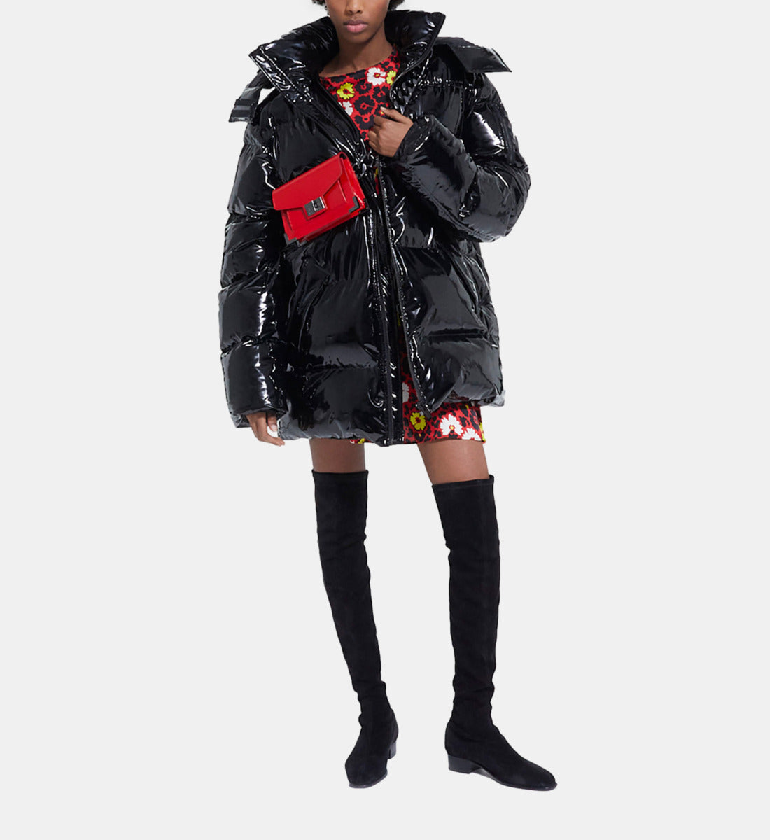 Oversized Vinyl Down Jacket With Straps And Logo | Women | Black