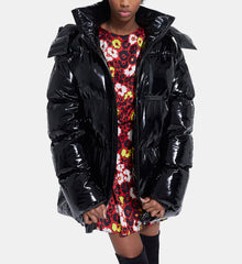 Oversized Vinyl Down Jacket With Straps And Logo | Women | Black