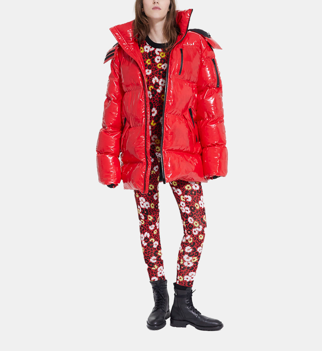 Oversized Vinyl Down Jacket With Straps And Logo | Women | Red