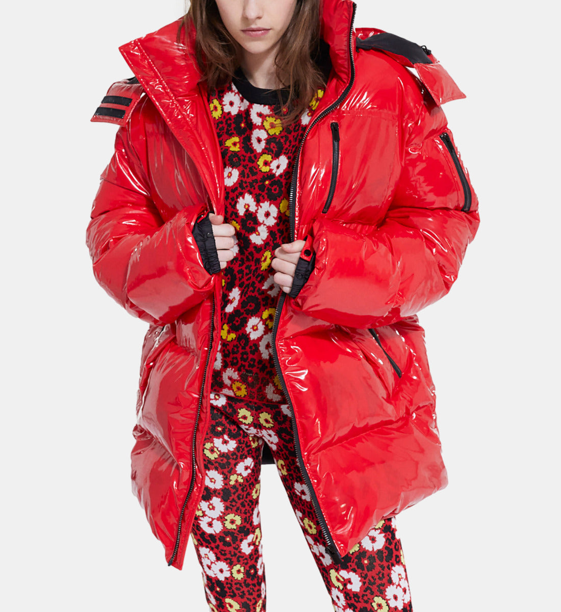 Oversized Vinyl Down Jacket With Straps And Logo | Women | Red