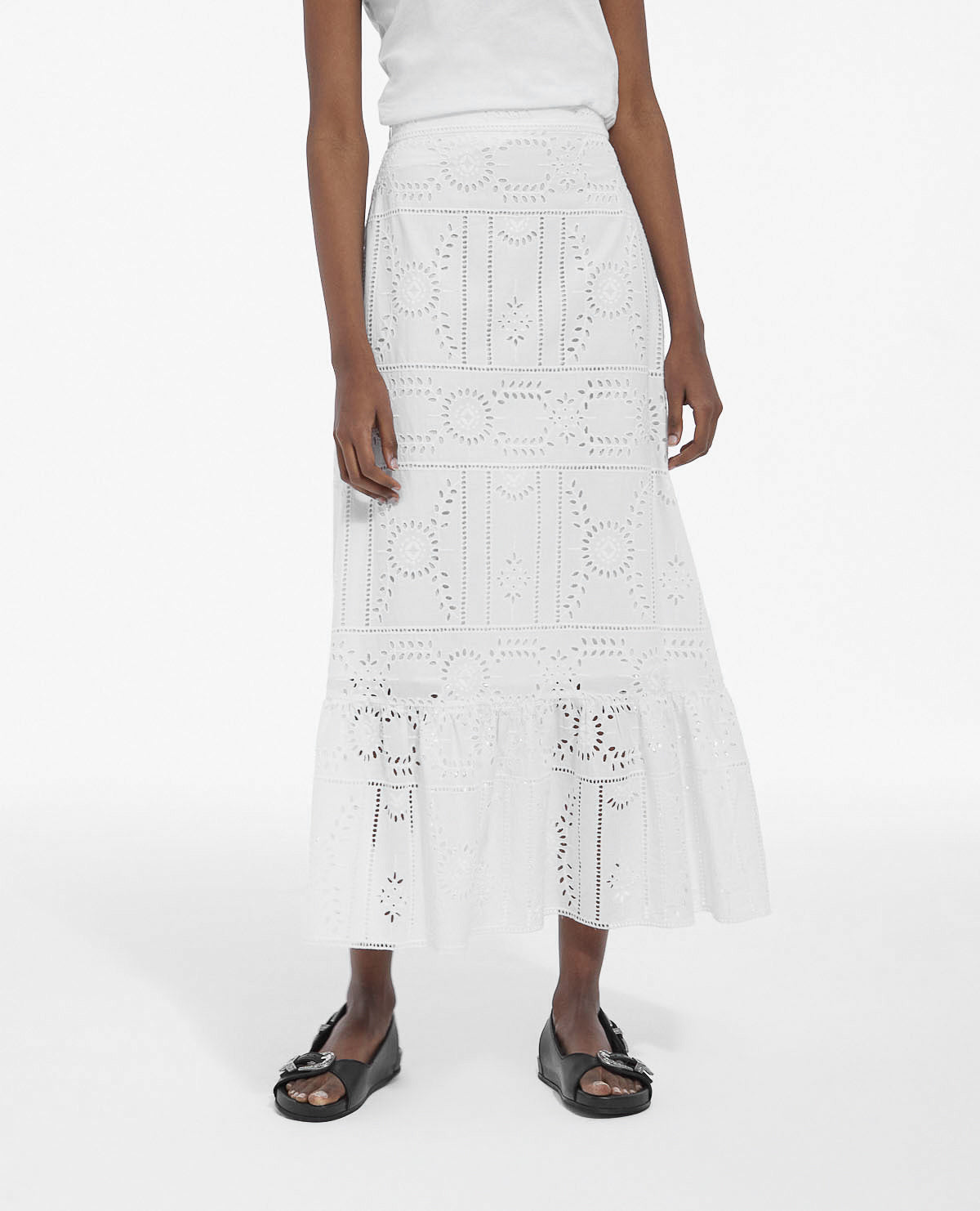 Flowing Cotton Long Skirt W/ Embroidery | Women | White