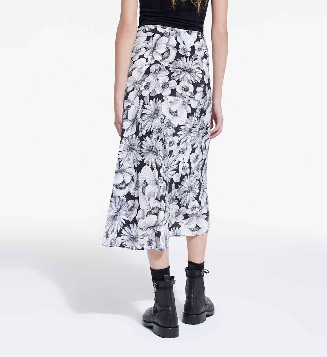 Long Floral Silk Skirt | Women | Black x White