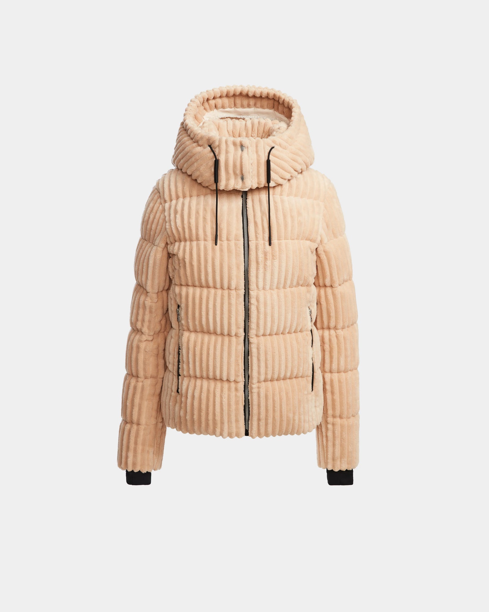 The Rudsak MIRRY FF - L124507 Iceland tan velvet corduroy women's short down puffer jacket features a high collar, attached hood, black zipper, and drawstrings. Stylish and cozy, it’s perfect for winter. Displayed on a plain white background.