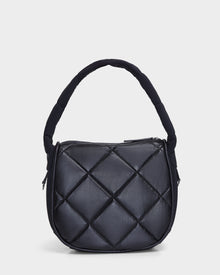 The Rudsak NIOBE L - 8324503 Black is a black quilted handbag featuring a padded curved handle and zippered top, displayed against a plain white background.