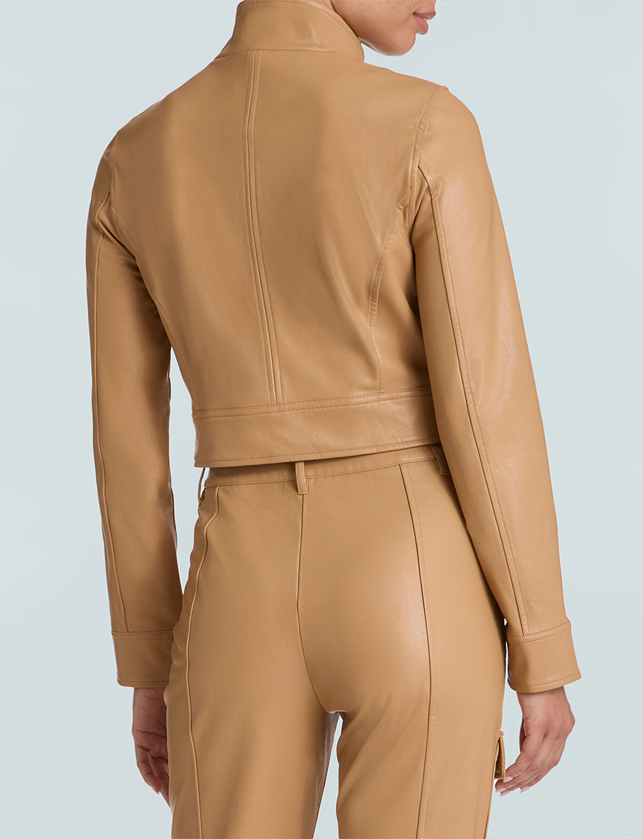 Faux Leather Cropped Biker Jacket::Camel::Back
