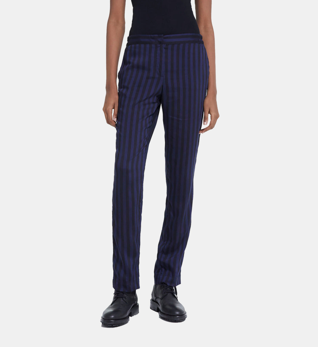 Straight-Cut Striped Pants | Women | Black Navy