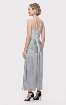 Asymmetric Draped Fringe Halter Gown | Mist