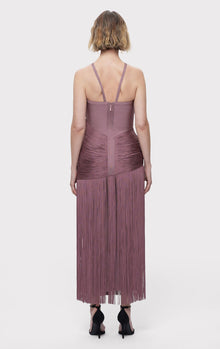 Asymmetric Draped Fringe Halter Gown | Mauve