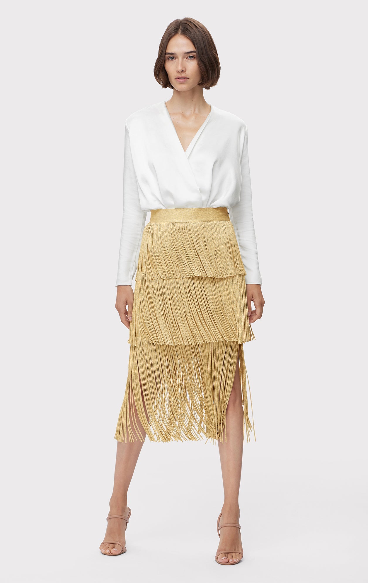 Icon Metallic Layered Fringe Midi Skirt | Metallic Gold