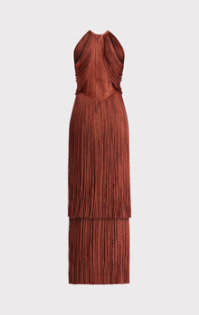 Metallic Draped Fringe Halter Gown | Metallic Redwood