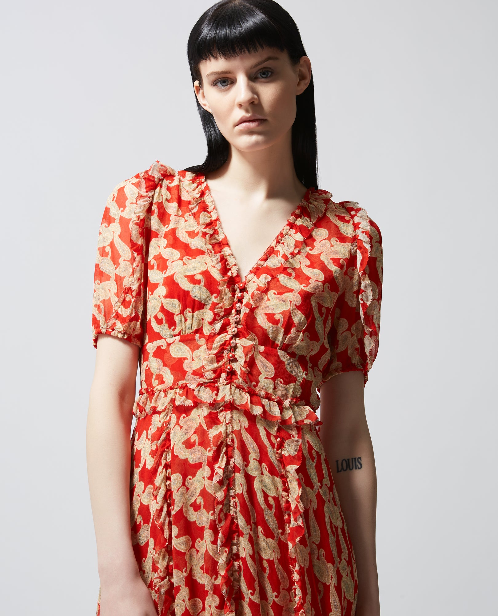 Long Printed Dress With Frills | Women | Red x Ecru