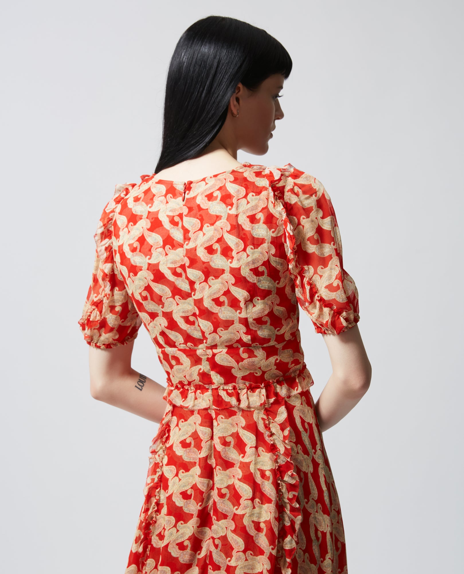 Long Printed Dress With Frills | Women | Red x Ecru