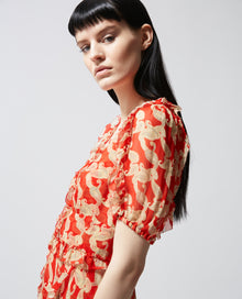 Long Printed Dress With Frills | Women | Red x Ecru