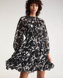 Short Floral Print Dress With Gathers | Women | Black