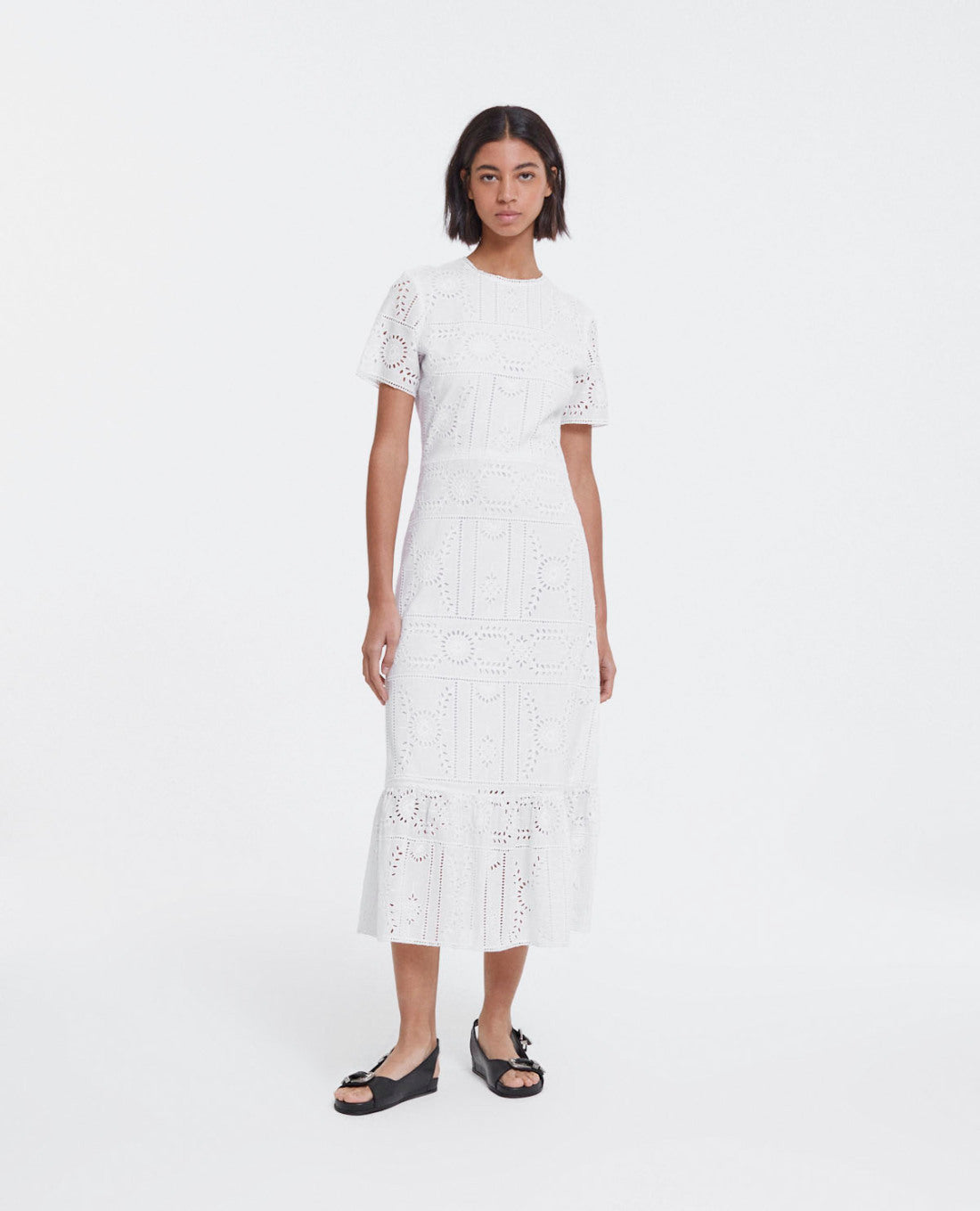 Long Embroidered Dress With Crew Neck | Women | White