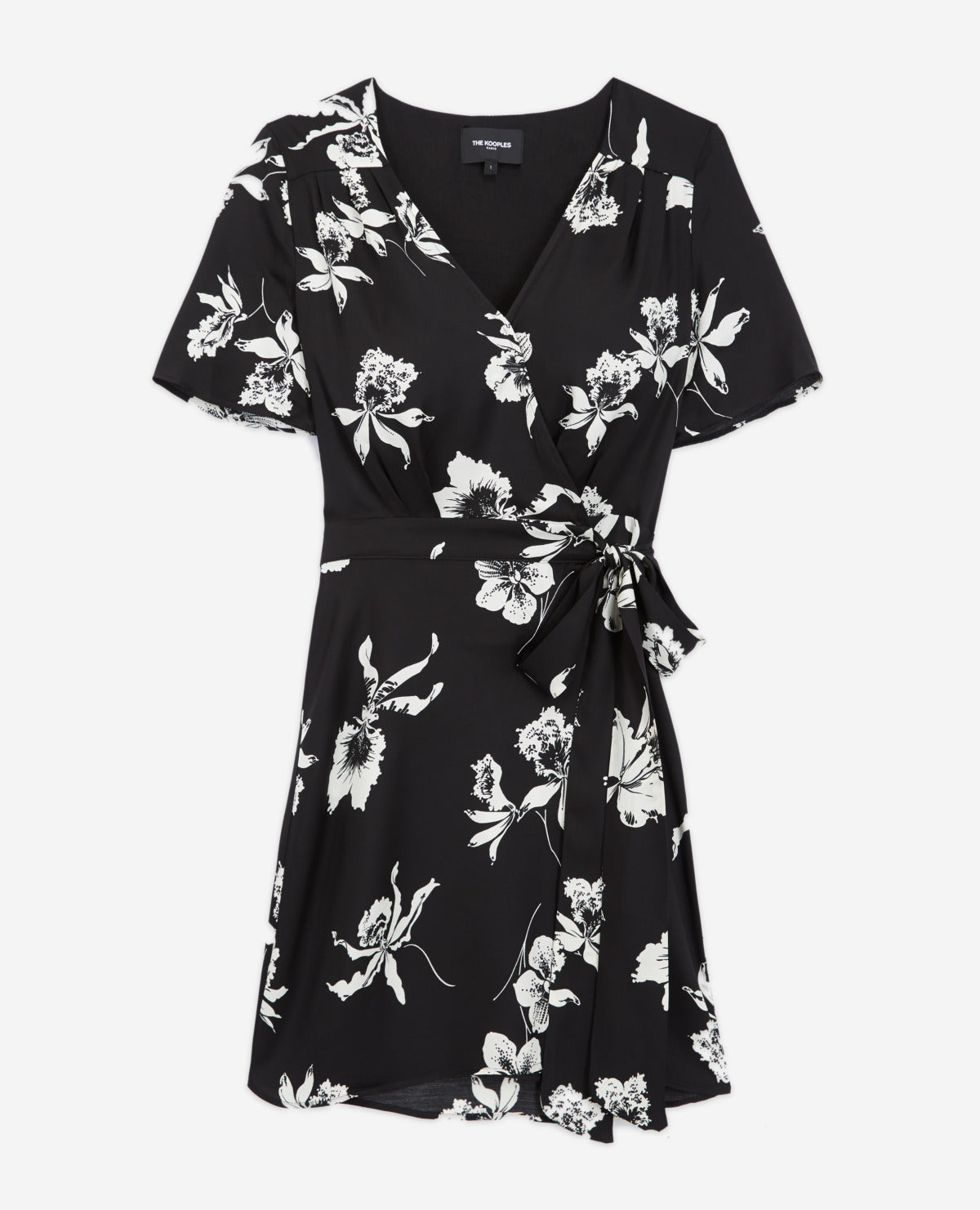 V-Neck Short Dress With Floral Print | Women | Black x White