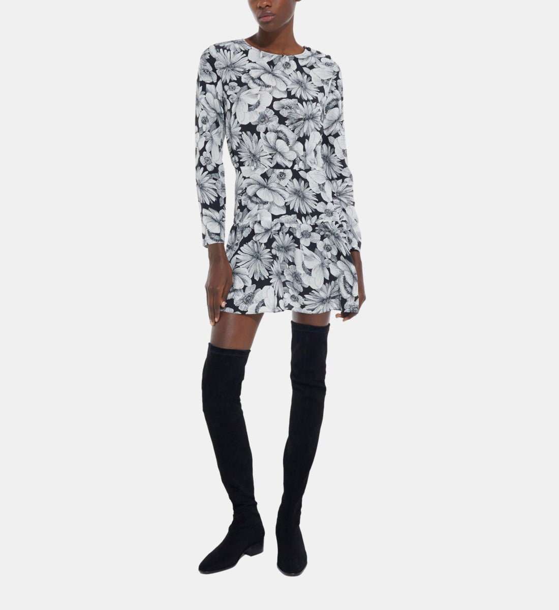 Short Floral Silk Dress | Women | Black x White