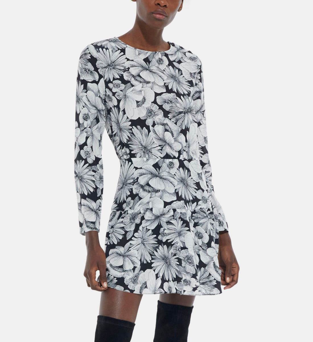 Short Floral Silk Dress | Women | Black x White