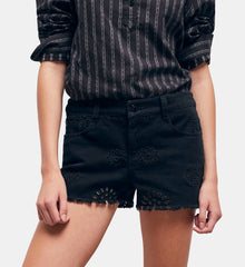 Denim Shorts With Broderie Anglaise | Women | Black