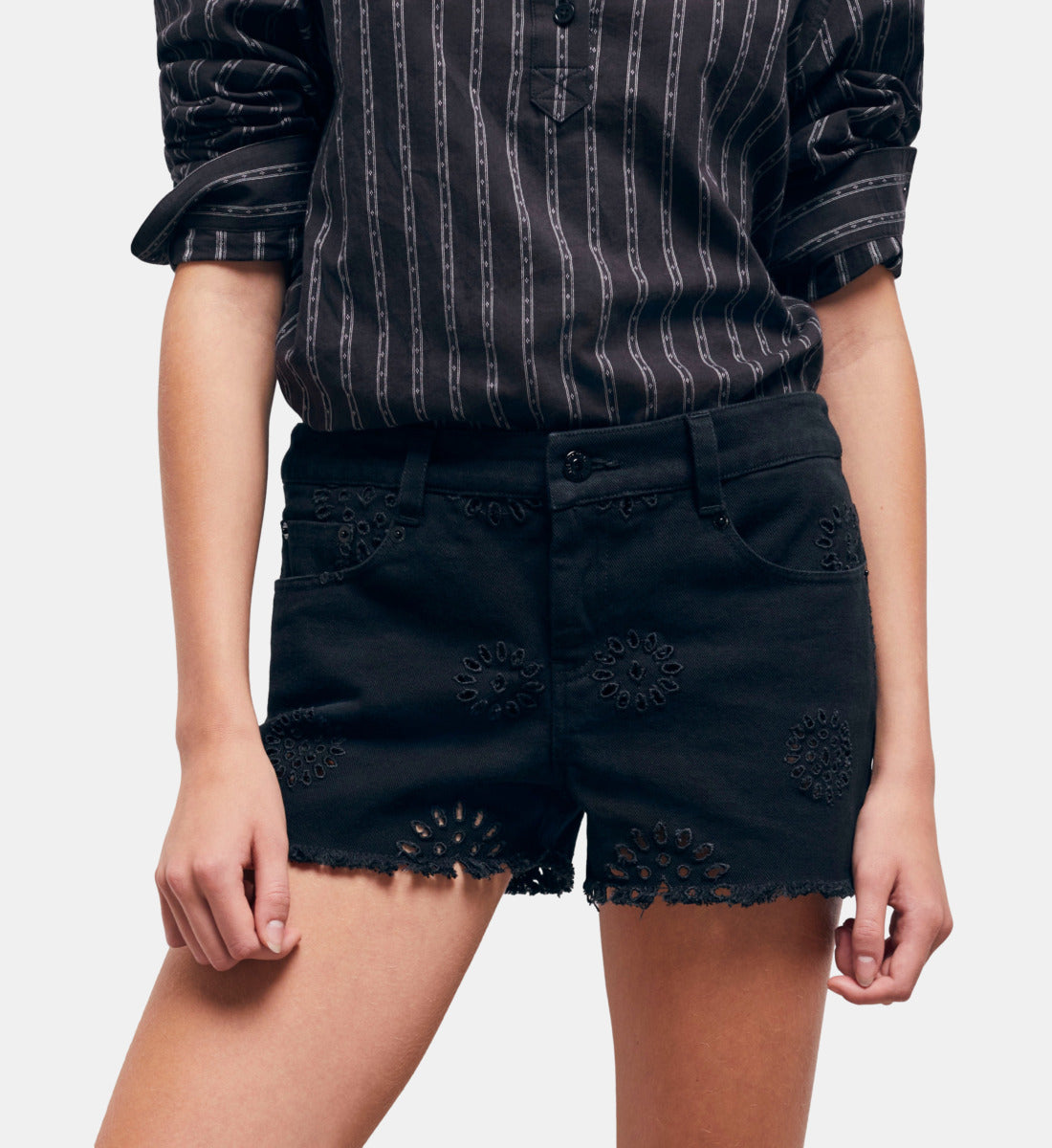 Denim Shorts With Broderie Anglaise | Women | Black